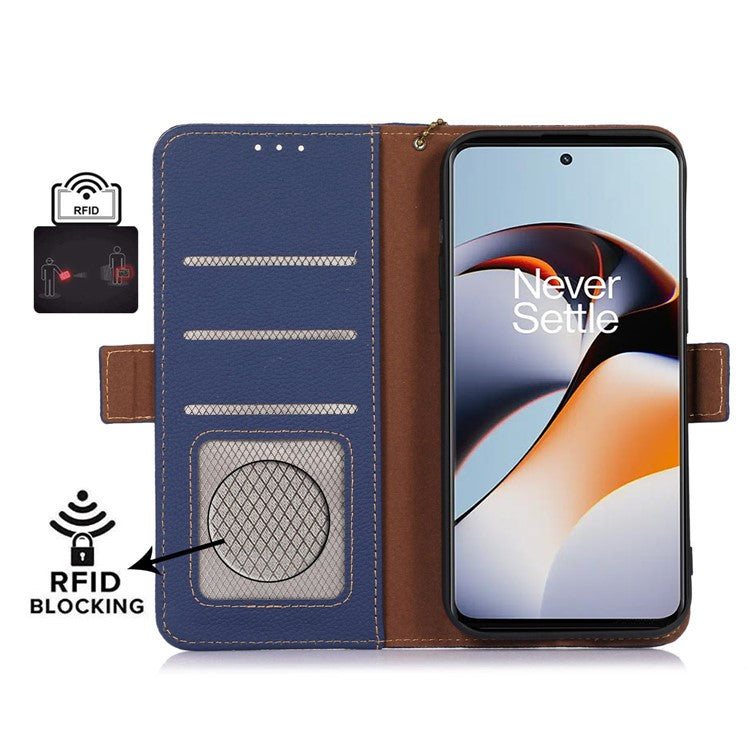 RFID Blocking Phone Case for OnePlus Nord 3 5G / Ace 2V , Genuine Cow Leather Stand Wallet Cover - Sapphire