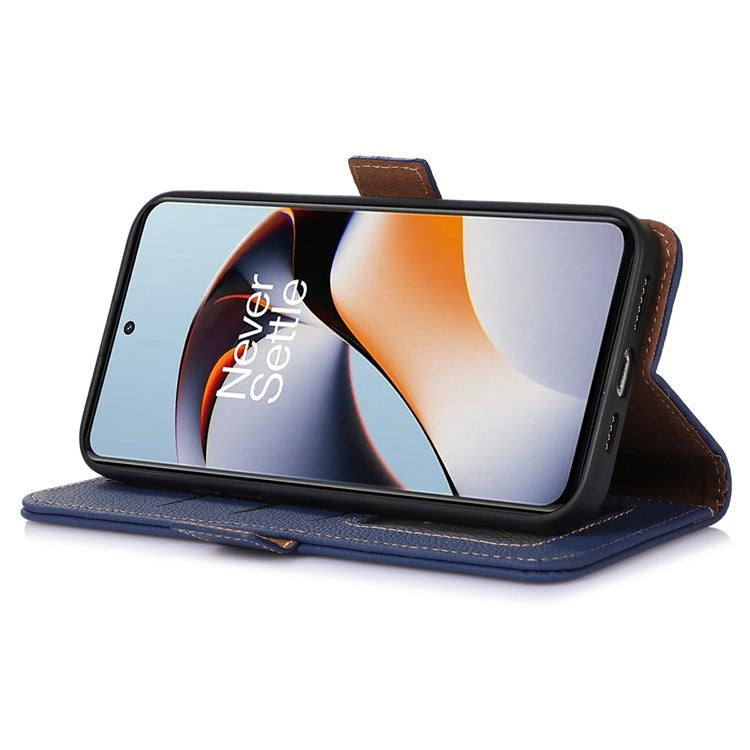 RFID Blocking Phone Case for OnePlus Nord 3 5G / Ace 2V , Genuine Cow Leather Stand Wallet Cover - Sapphire