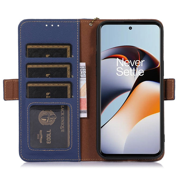 RFID Blocking Phone Case for OnePlus Nord 3 5G / Ace 2V , Genuine Cow Leather Stand Wallet Cover - Sapphire