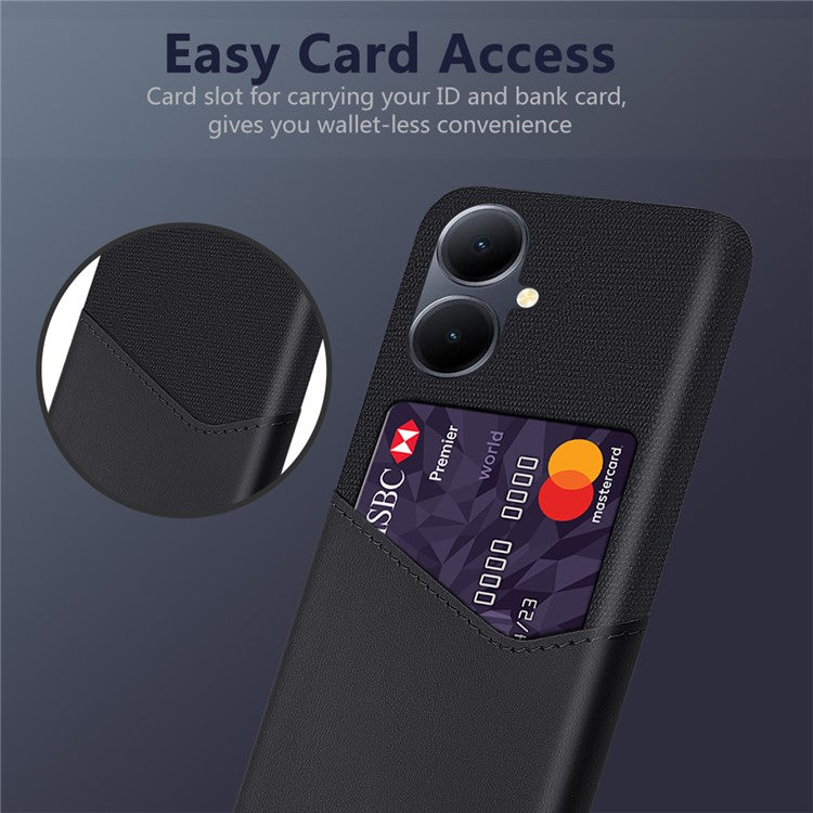 For vivo Y78+ 5G Cloth Texture Phone Case PU Leather Coated PC Card Holder Cover - Black
