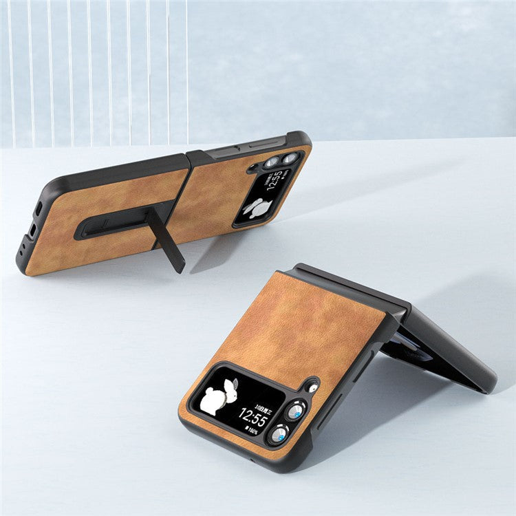 ABEEL For Samsung Galaxy Z Flip4 5G Kickstand Protective Case PU Leather+PC Retro Litchi Texture Phone Cover - Brown