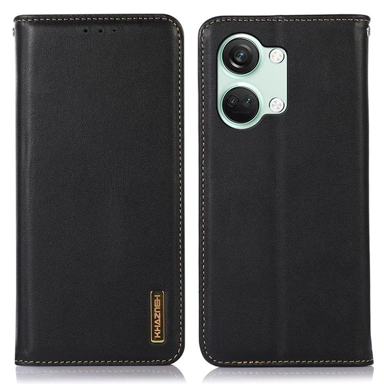 KHAZNEH For OnePlus Nord 3 5G / Ace 2V RFID Blocking Genuine Cow Leather Wallet Case Phone Stand Cover - Black