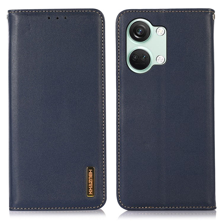 KHAZNEH For OnePlus Nord 3 5G / Ace 2V RFID Blocking Genuine Cow Leather Wallet Case Phone Stand Cover - Dark Blue