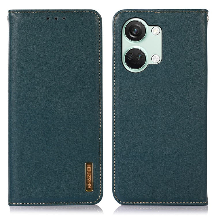 KHAZNEH For OnePlus Nord 3 5G / Ace 2V RFID Blocking Genuine Cow Leather Wallet Case Phone Stand Cover - Green