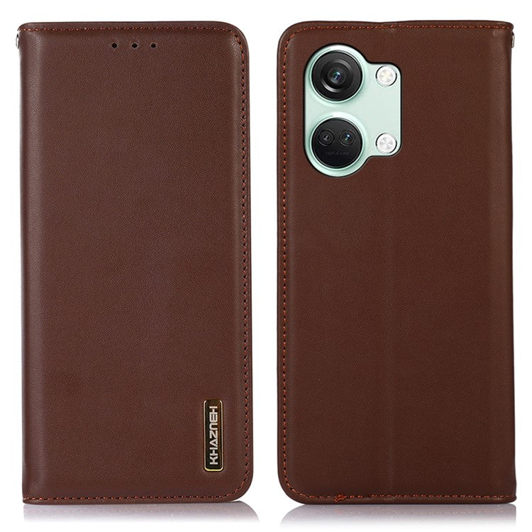 KHAZNEH For OnePlus Nord 3 5G / Ace 2V RFID Blocking Genuine Cow Leather Wallet Case Phone Stand Cover - Brown