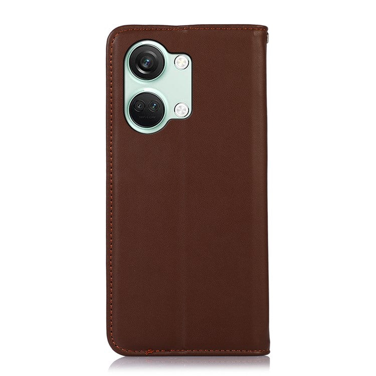 KHAZNEH For OnePlus Nord 3 5G / Ace 2V RFID Blocking Genuine Cow Leather Wallet Case Phone Stand Cover - Brown
