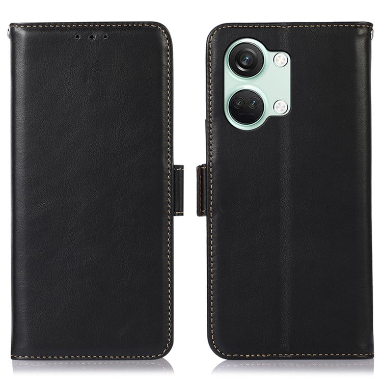 Phone Case for OnePlus Nord 3 5G / Ace 2V RFID Blocking Crazy Horse Texture Genuine Cow Leather Wallet Stand Cover - Black
