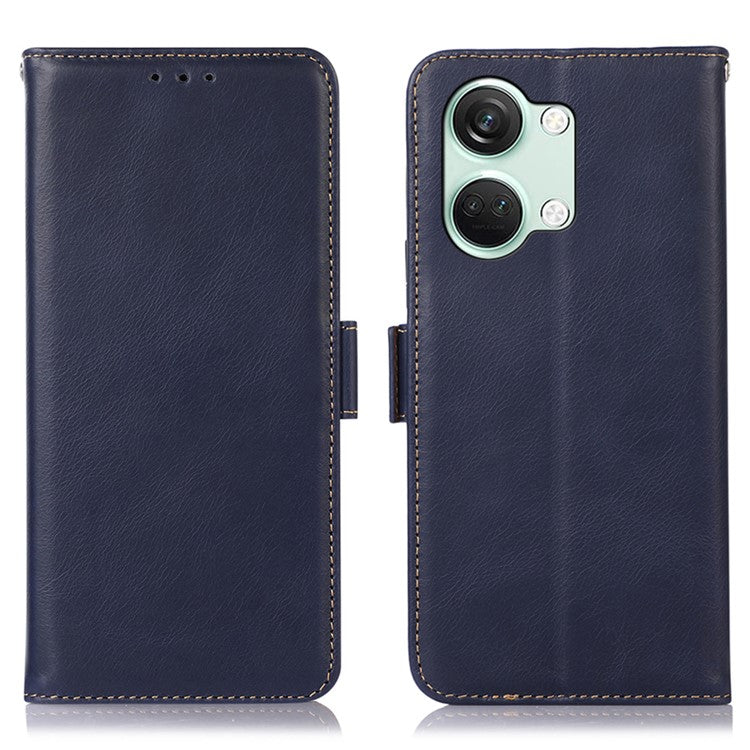 Phone Case for OnePlus Nord 3 5G / Ace 2V RFID Blocking Crazy Horse Texture Genuine Cow Leather Wallet Stand Cover - Blue