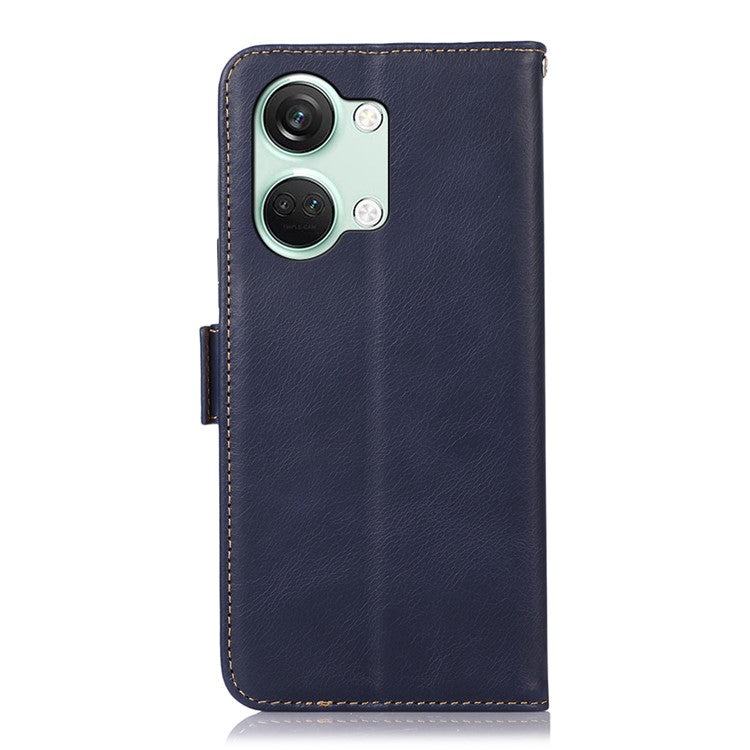 Phone Case for OnePlus Nord 3 5G / Ace 2V RFID Blocking Crazy Horse Texture Genuine Cow Leather Wallet Stand Cover - Blue