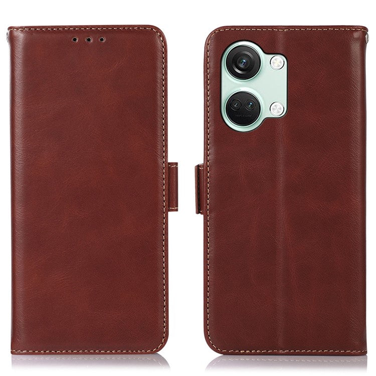 Phone Case for OnePlus Nord 3 5G / Ace 2V RFID Blocking Crazy Horse Texture Genuine Cow Leather Wallet Stand Cover - Brown