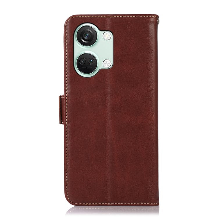 Phone Case for OnePlus Nord 3 5G / Ace 2V RFID Blocking Crazy Horse Texture Genuine Cow Leather Wallet Stand Cover - Brown