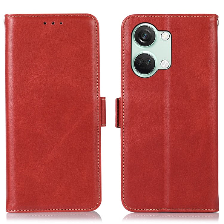 Phone Case for OnePlus Nord 3 5G / Ace 2V RFID Blocking Crazy Horse Texture Genuine Cow Leather Wallet Stand Cover - Red