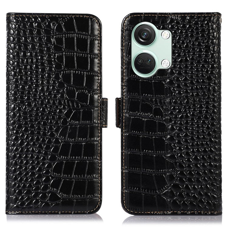 For OnePlus Nord 3 5G / Ace 2V Wallet Phone Case Genuine Cow Leather Crocodile Texture RFID Blocking Stand Cover - Black