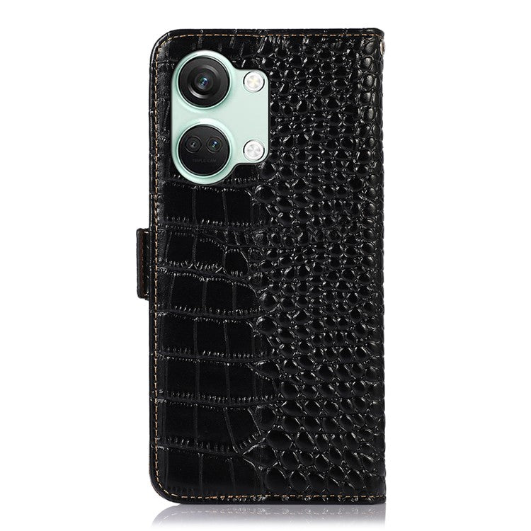 For OnePlus Nord 3 5G / Ace 2V Wallet Phone Case Genuine Cow Leather Crocodile Texture RFID Blocking Stand Cover - Black
