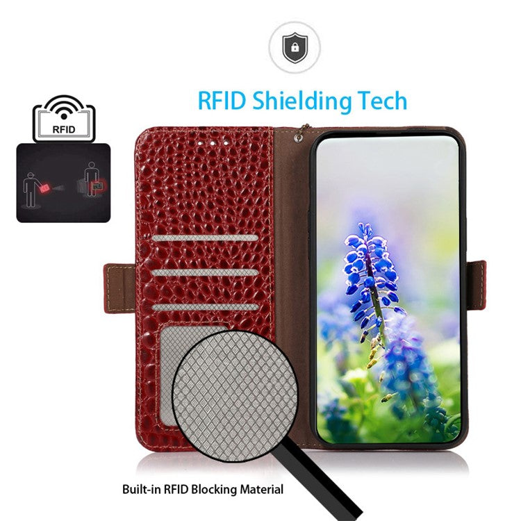 For OnePlus Nord 3 5G / Ace 2V Wallet Phone Case Genuine Cow Leather Crocodile Texture RFID Blocking Stand Cover - Red