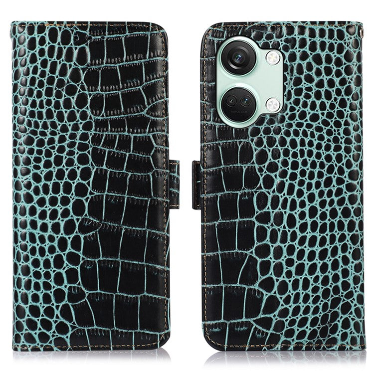 For OnePlus Nord 3 5G / Ace 2V Wallet Phone Case Genuine Cow Leather Crocodile Texture RFID Blocking Stand Cover - Green