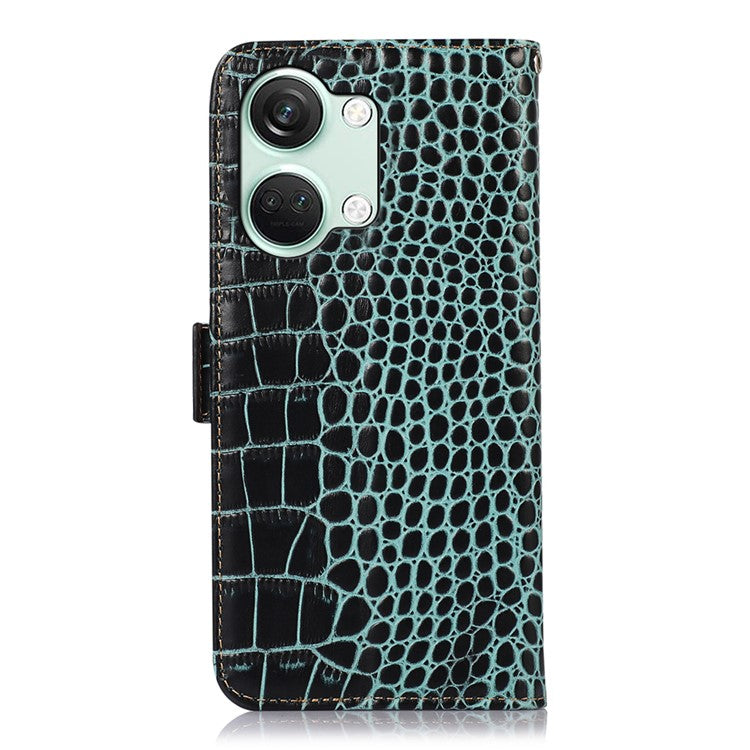 For OnePlus Nord 3 5G / Ace 2V Wallet Phone Case Genuine Cow Leather Crocodile Texture RFID Blocking Stand Cover - Green