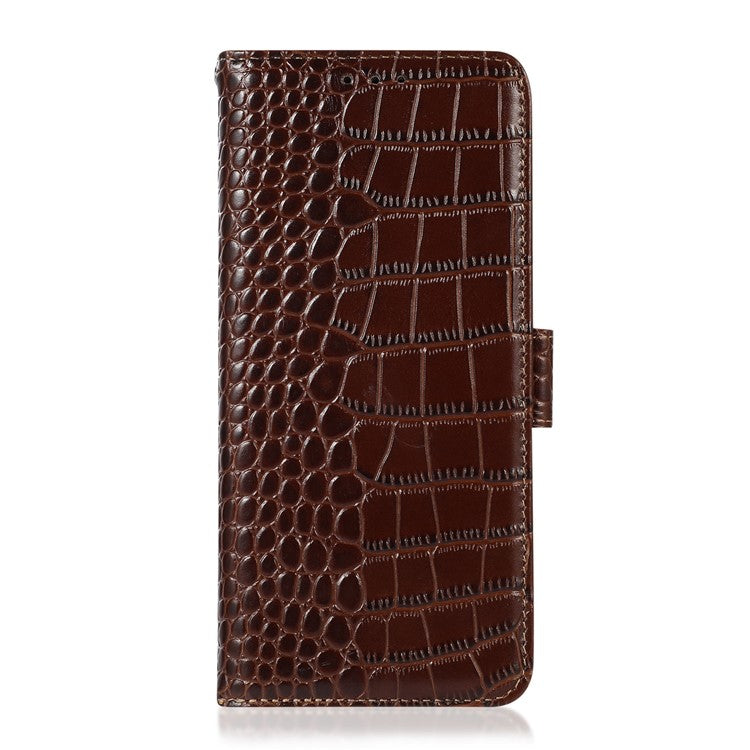 For OnePlus Nord 3 5G / Ace 2V Wallet Phone Case Genuine Cow Leather Crocodile Texture RFID Blocking Stand Cover - Brown