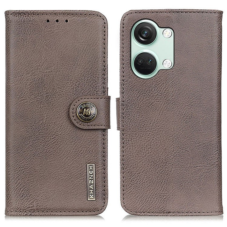 KHAZNEH Leather Wallet Shell for OnePlus Nord 3 5G / Ace 2V Cowhide Texture Flip Stand Phone Case - Khaki