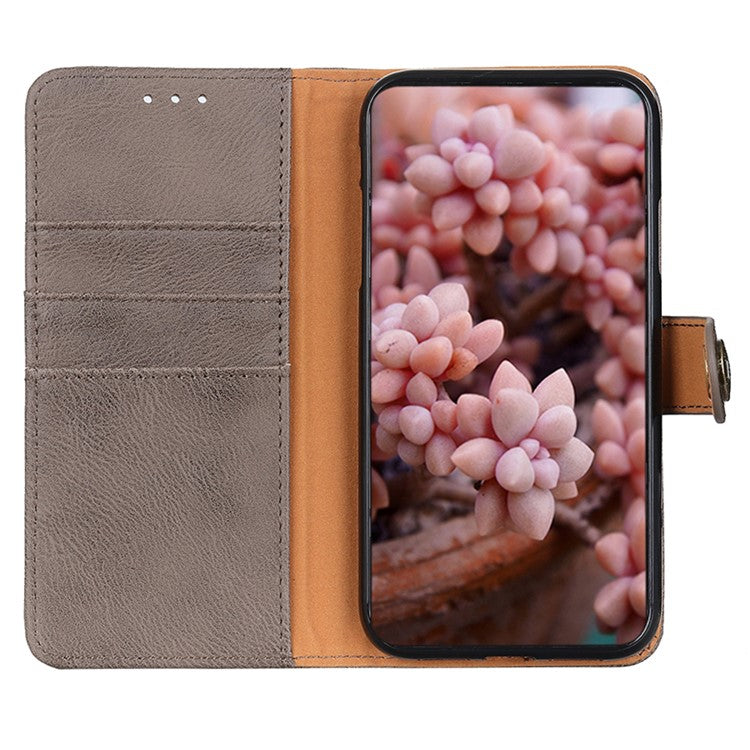 KHAZNEH Leather Wallet Shell for OnePlus Nord 3 5G / Ace 2V Cowhide Texture Flip Stand Phone Case - Khaki