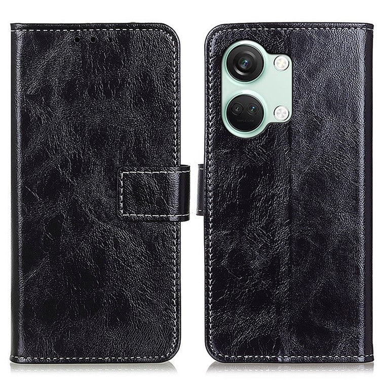 For OnePlus Nord 3 5G / Ace 2V Magnetic Clasp Leather Wallet Case Retro Crazy Horse Texture Stand Cover - Black