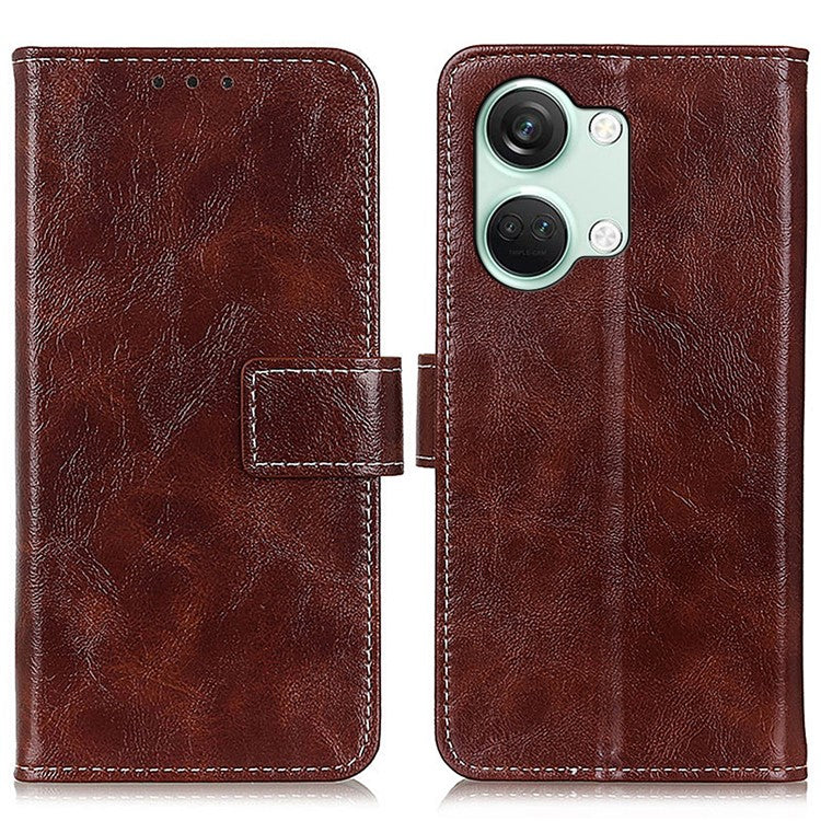 For OnePlus Nord 3 5G / Ace 2V Magnetic Clasp Leather Wallet Case Retro Crazy Horse Texture Stand Cover - Brown