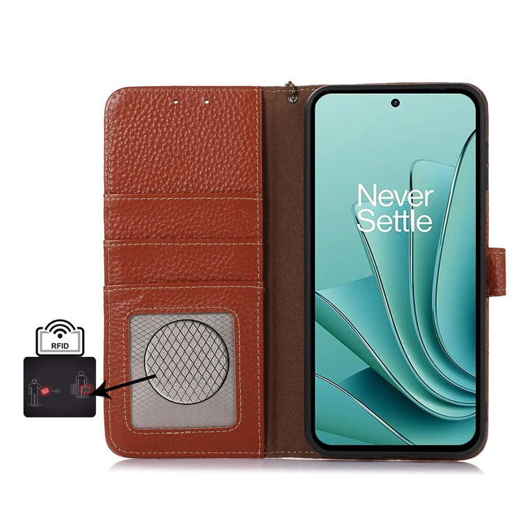 Wallet Case for OnePlus Ace 2V / Nord 3 5G , RFID Blocking Genuine Cow Leather Stand Phone Cover - Brown