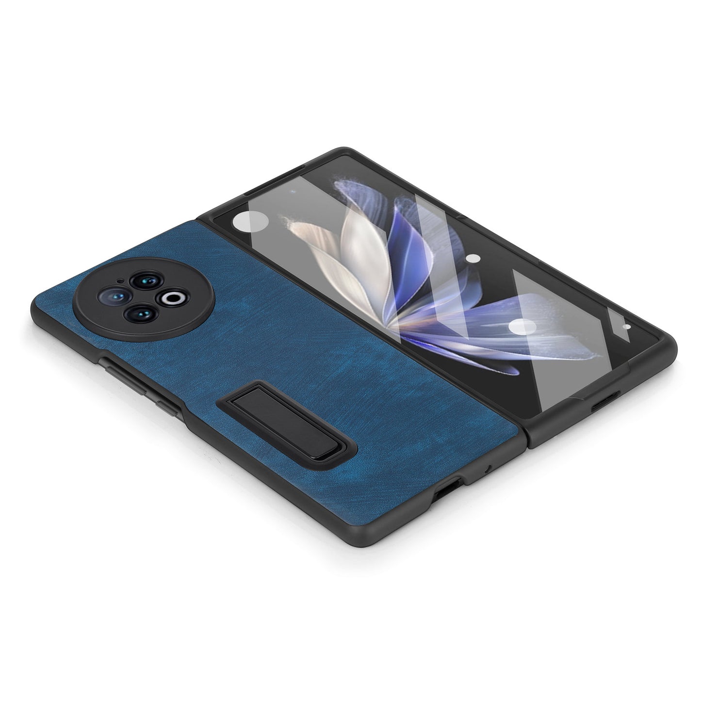 For vivo X Fold2 Kickstand Phone Case Vintage PU Leather+PC Cover with Tempered Glass Film - Blue