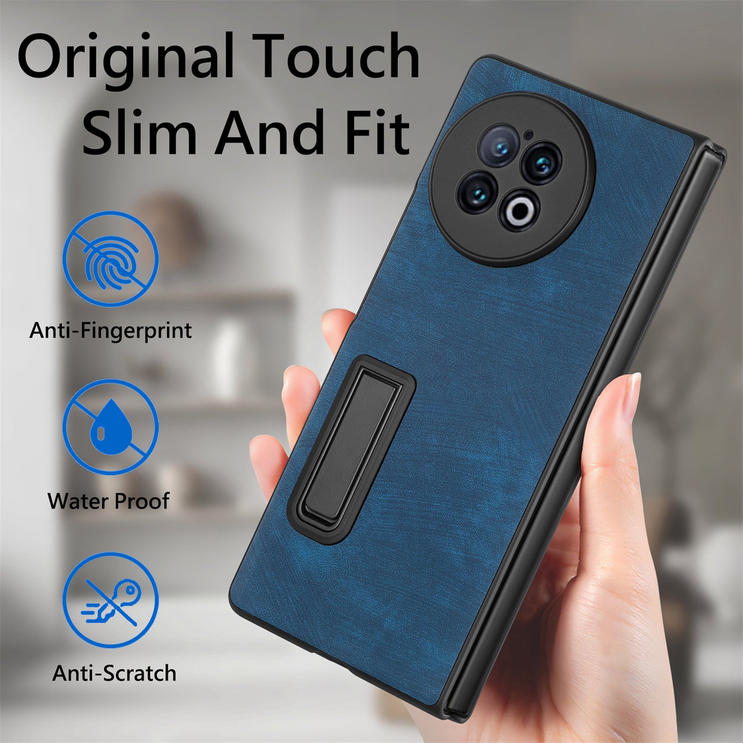 For vivo X Fold2 Kickstand Phone Case Vintage PU Leather+PC Cover with Tempered Glass Film - Blue
