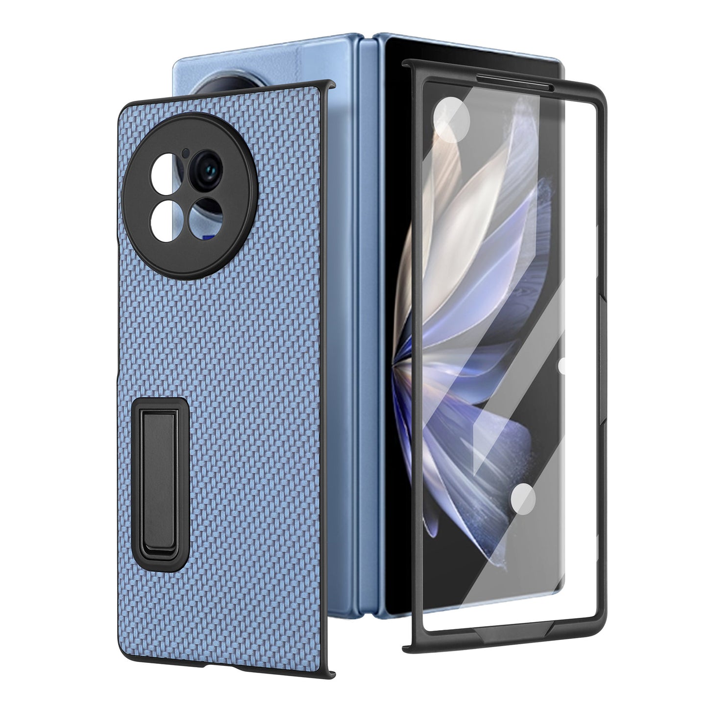 For vivo X Fold2 PU Leather+PC Protective Case Kickstand Carbon Fiber Texture Phone Cover with Tempered Glass Film - Dark Blue