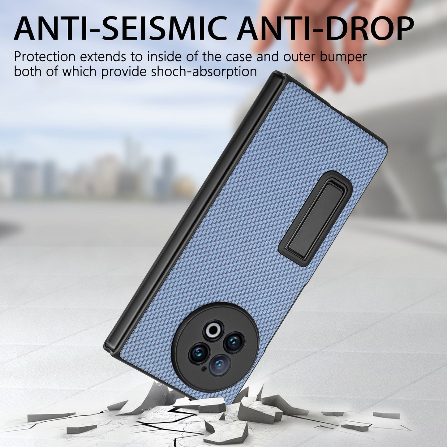 For vivo X Fold2 PU Leather+PC Protective Case Kickstand Carbon Fiber Texture Phone Cover with Tempered Glass Film - Dark Blue