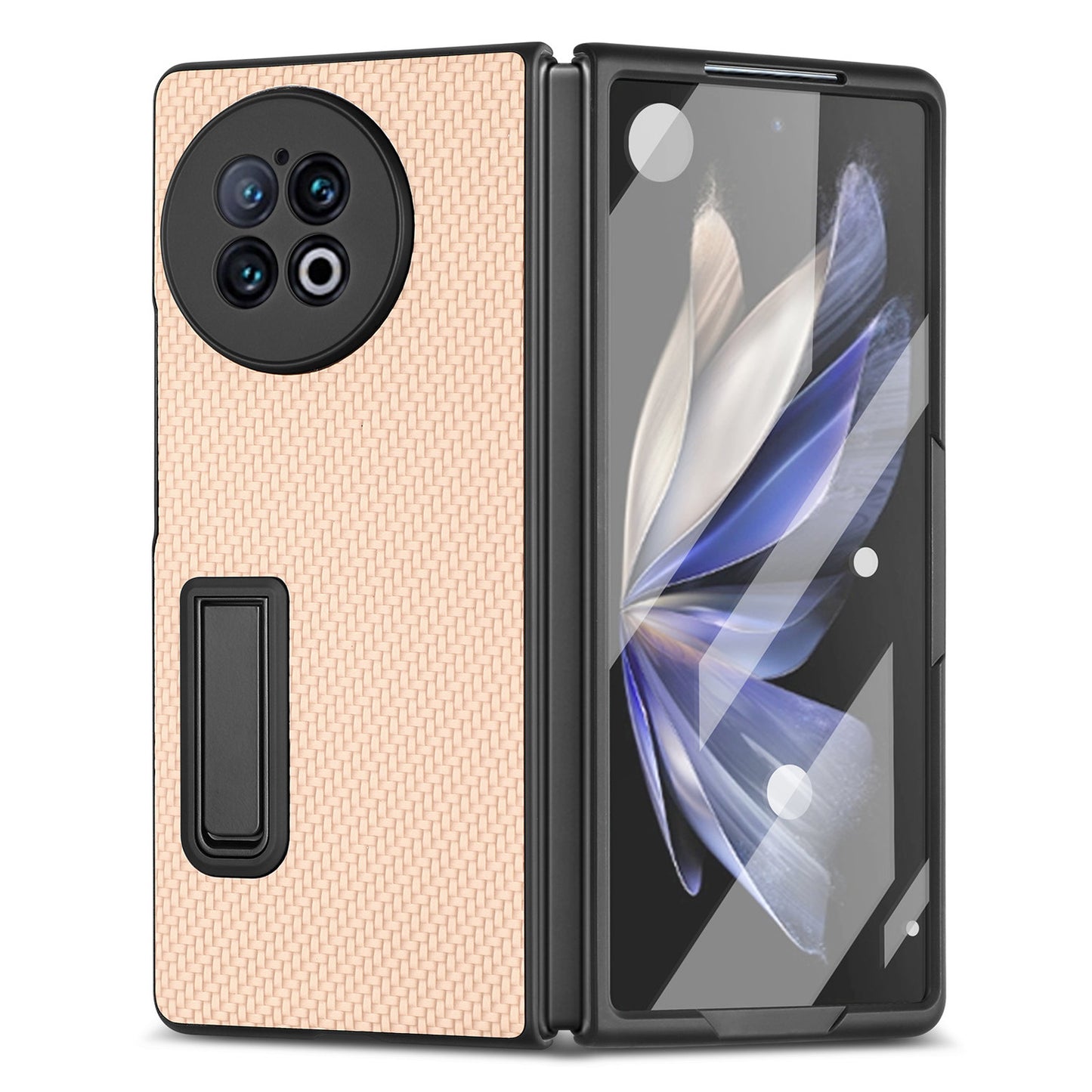 For vivo X Fold2 PU Leather+PC Protective Case Kickstand Carbon Fiber Texture Phone Cover with Tempered Glass Film - Khaki