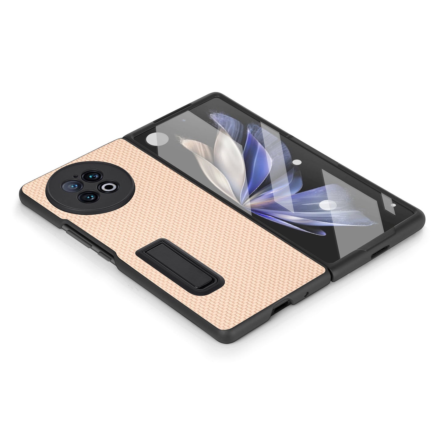 For vivo X Fold2 PU Leather+PC Protective Case Kickstand Carbon Fiber Texture Phone Cover with Tempered Glass Film - Khaki