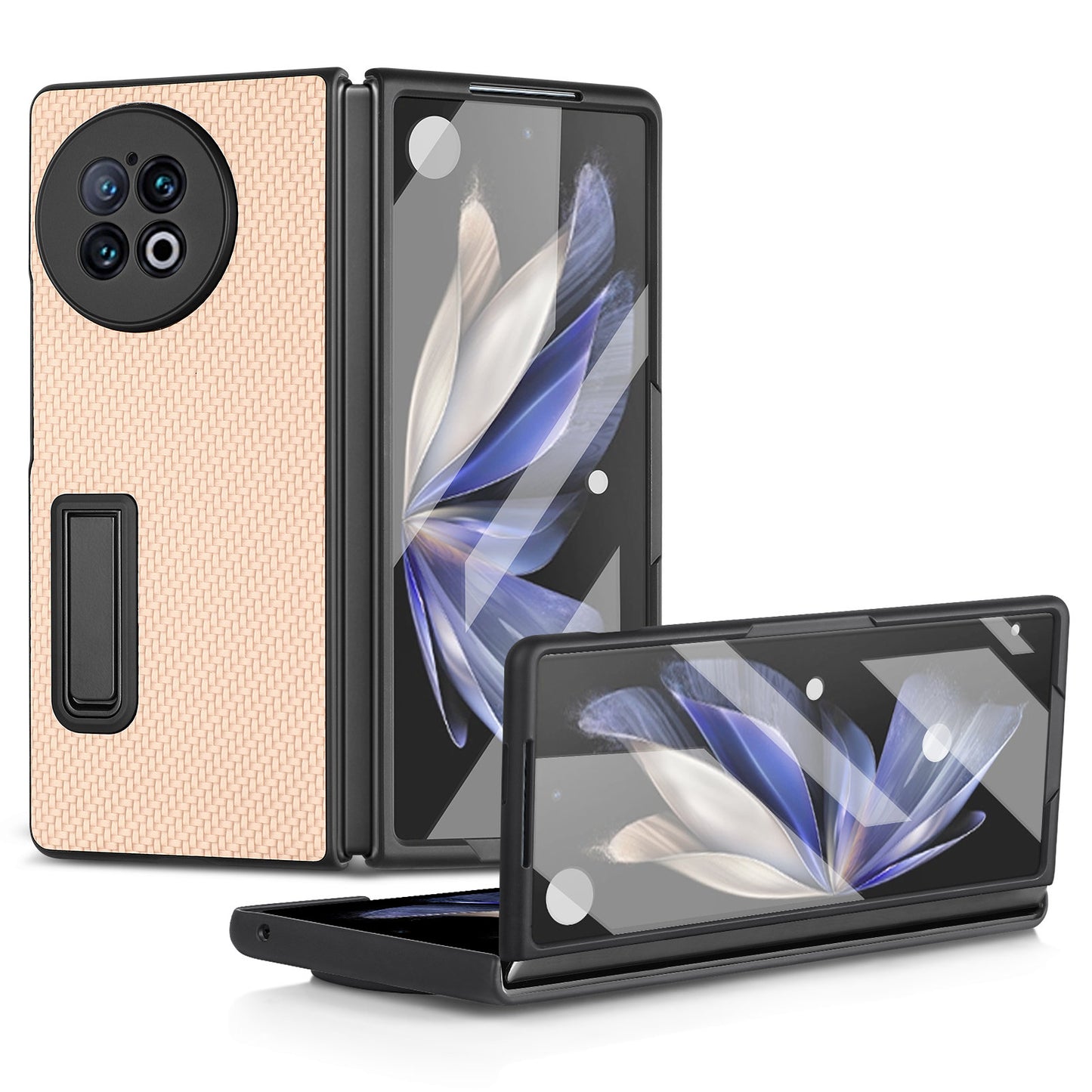 For vivo X Fold2 PU Leather+PC Protective Case Kickstand Carbon Fiber Texture Phone Cover with Tempered Glass Film - Khaki