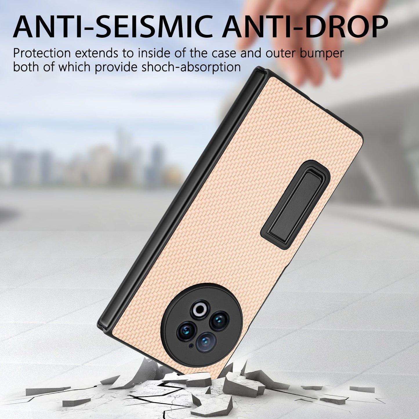 For vivo X Fold2 PU Leather+PC Protective Case Kickstand Carbon Fiber Texture Phone Cover with Tempered Glass Film - Khaki