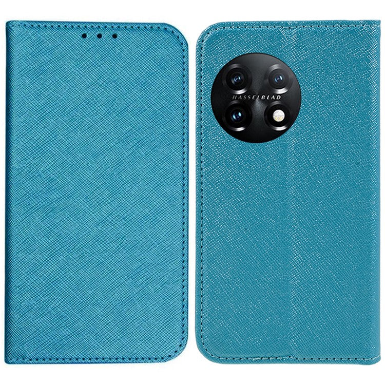Stand Wallet Shell for OnePlus 11 5G Shockproof Phone Cover Cross Texture PU Leather Case - Sky Blue