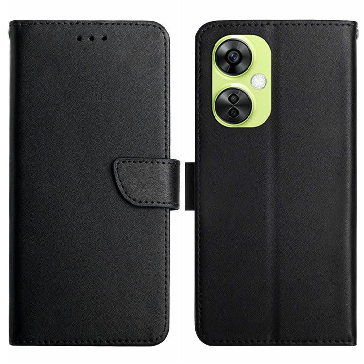HT02 For OnePlus Nord CE3 5G / CE 3 Lite 5G / Nord N30 5G Phone Stand Case Nappa Texture Genuine Cow Leather Wallet Phone Cover - Black