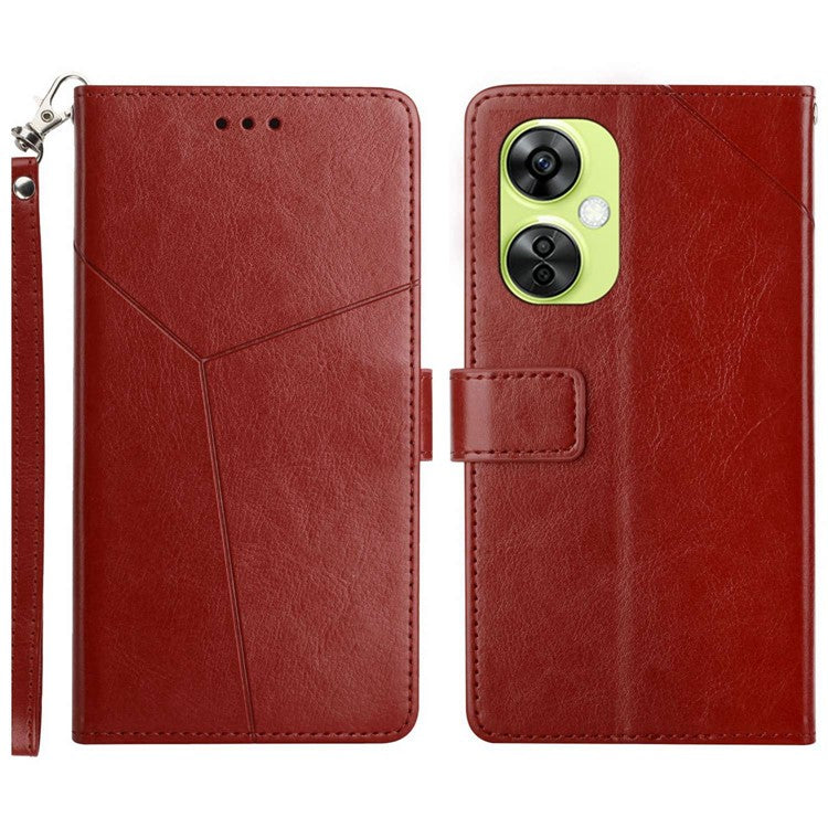 HT01 Phone Case for OnePlus Nord CE3 5G / CE 3 Lite 5G / Nord N30 5G , Y-shaped Line Imprinting PU Leather Wallet Stand Anti-drop Cover - Brown