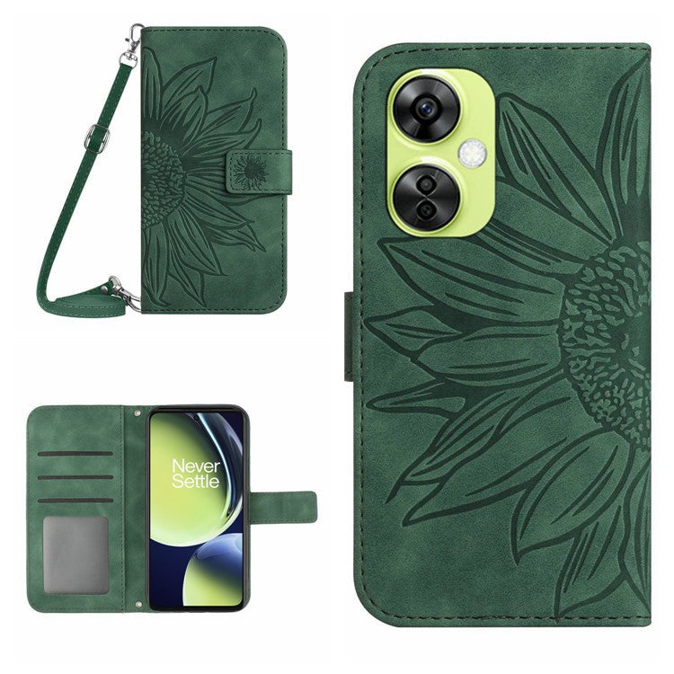HT04 For OnePlus Nord CE3 5G / Nord CE 3 Lite 5G / Nord N30 5G PU Leather Case Wallet Stand Imprinted Phone Cover with Shoulder Strap - Dark Green