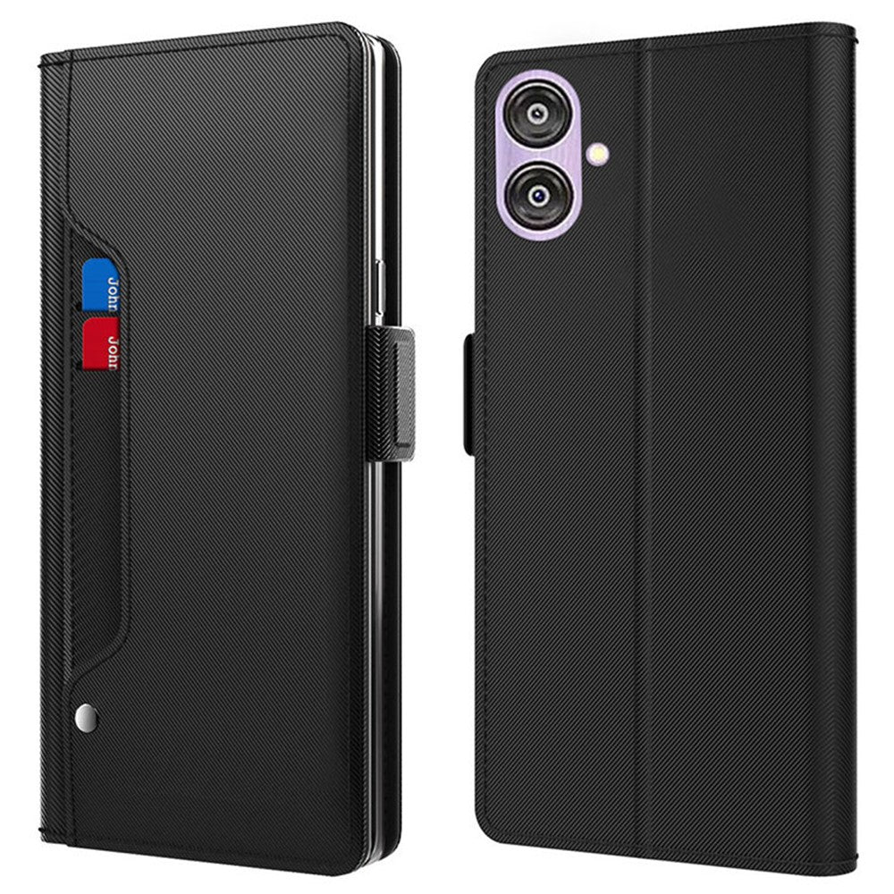 For Samsung Galaxy A04e 4G / F04 4G / M04 4G PU Leather Stand Case Mirror Phone Cover with Card Holder - Black