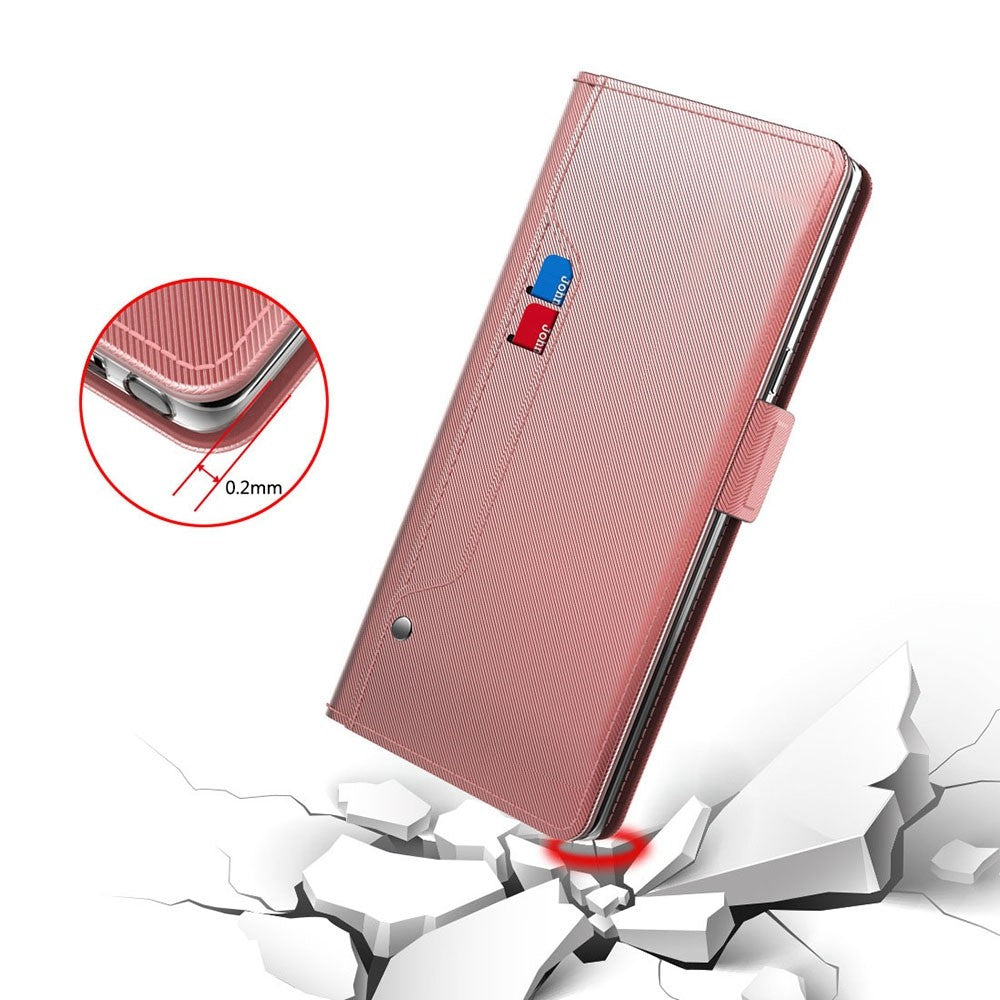For Samsung Galaxy A04e 4G / F04 4G / M04 4G PU Leather Stand Case Mirror Phone Cover with Card Holder - Rose Gold