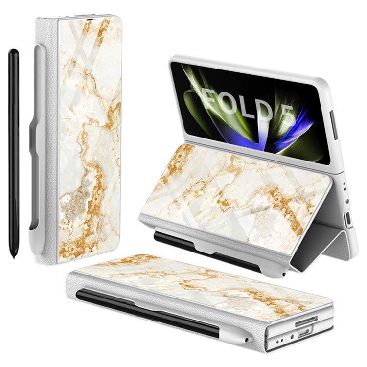 GKK For Samsung Galaxy Z Fold5 5G Pattern Printed Cover PU Leather+Tempered Glass+PC Pen Slot Phone Case (without Screen Protector) - Gold Line / Yellow