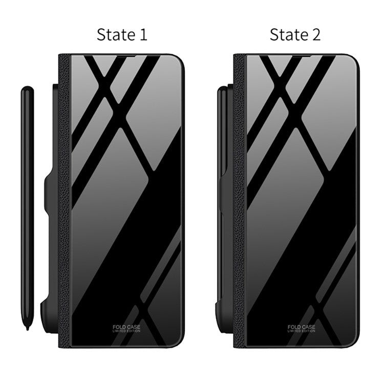 GKK For Samsung Galaxy Z Fold5 5G Pattern Printed Cover PU Leather+Tempered Glass+PC Pen Slot Phone Case (without Screen Protector) - Gold Line / Yellow