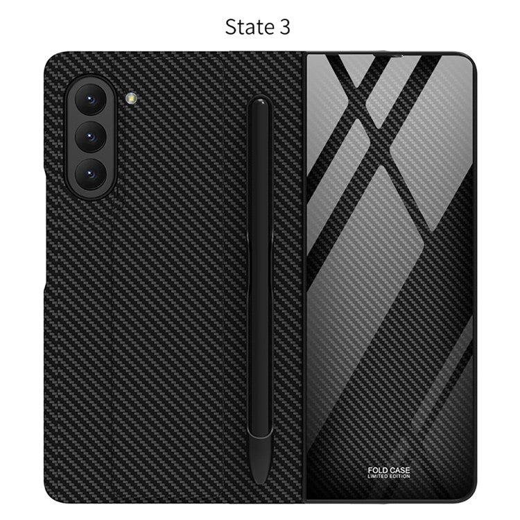 GKK For Samsung Galaxy Z Fold5 5G Pattern Printed Cover PU Leather+Tempered Glass+PC Pen Slot Phone Case (without Screen Protector) - Gold Line / Yellow