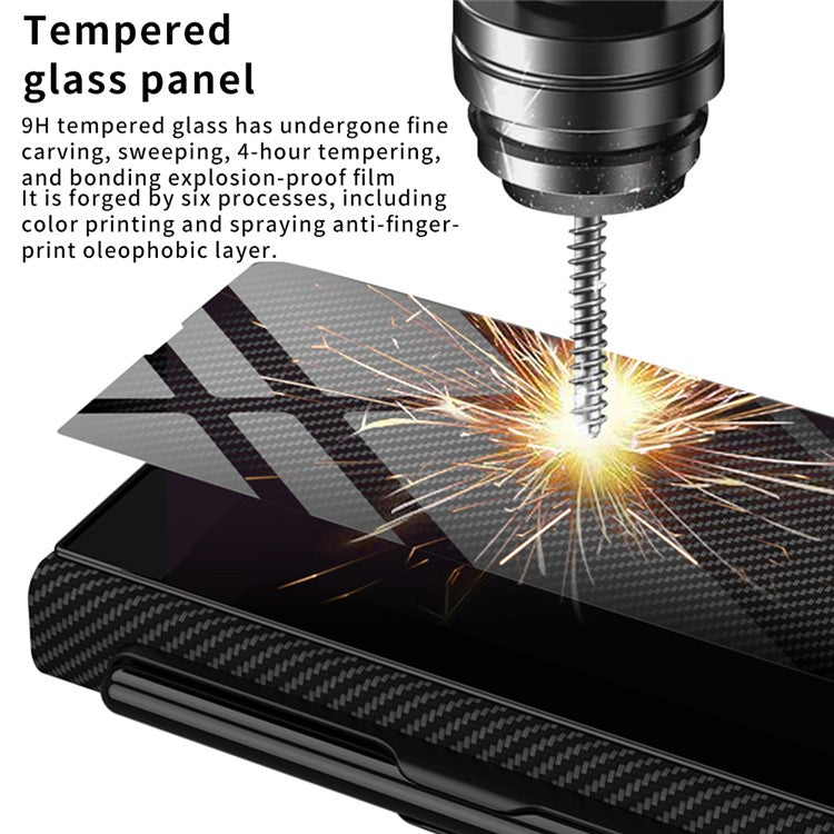 GKK For Samsung Galaxy Z Fold5 5G Pattern Printed Cover PU Leather+Tempered Glass+PC Pen Slot Phone Case (without Screen Protector) - Gold Line / Yellow