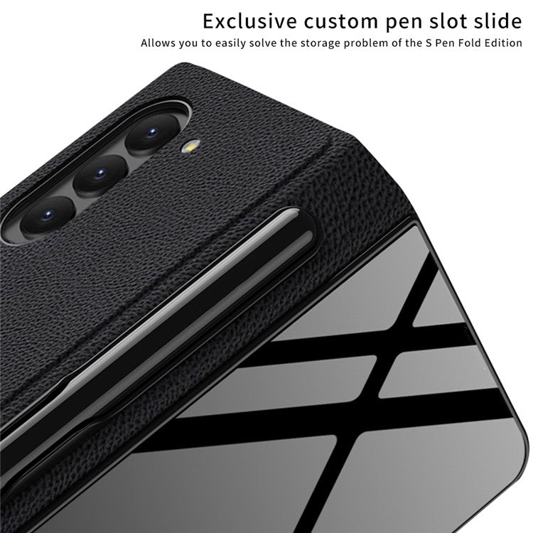 GKK For Samsung Galaxy Z Fold5 5G Pattern Printed Cover PU Leather+Tempered Glass+PC Pen Slot Phone Case (without Screen Protector) - Gold Line / Yellow