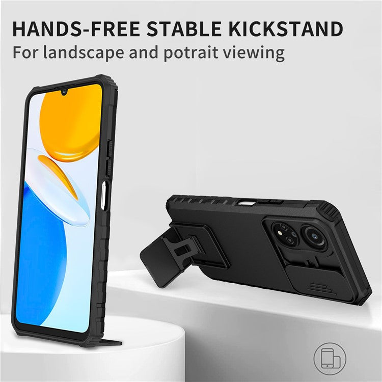 For Honor X7 Slide Camera Lid PC+TPU Cover Anti-drop Kickstand Phone Case - Black