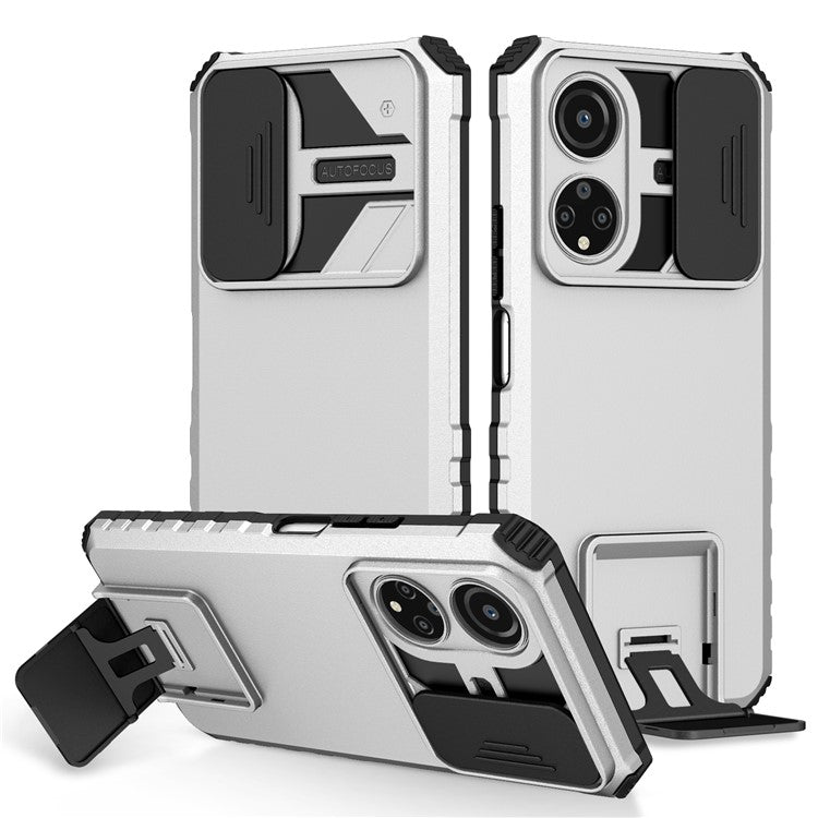 For Honor X7 Slide Camera Lid PC+TPU Cover Anti-drop Kickstand Phone Case - White