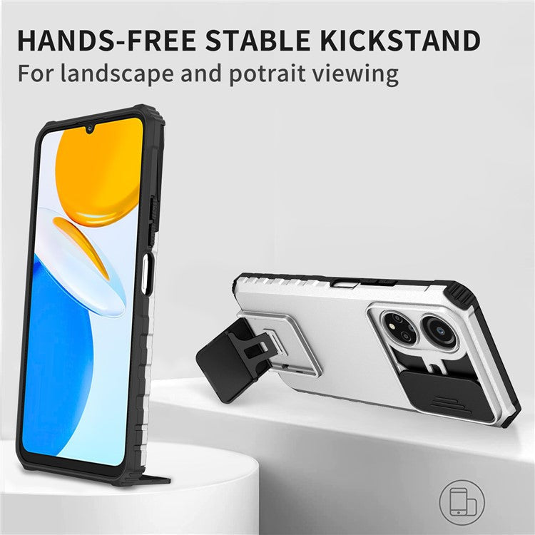 For Honor X7 Slide Camera Lid PC+TPU Cover Anti-drop Kickstand Phone Case - White
