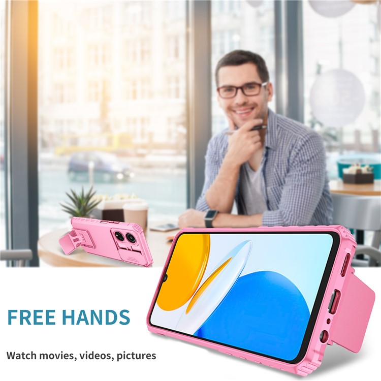 For Honor X7 Slide Camera Lid PC+TPU Cover Anti-drop Kickstand Phone Case - Pink